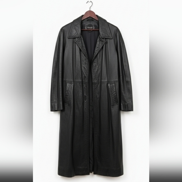 🖤90s Vintage🖤 Black GENUINE LEATHER Long Trench Coat Matrix Goth Style - Picture 2 of 8